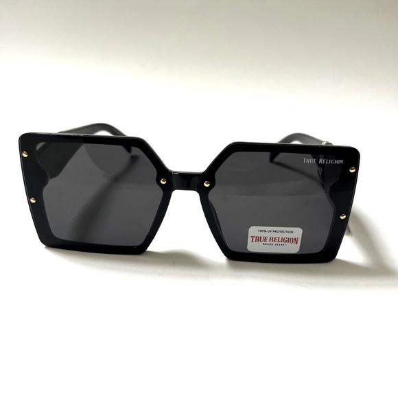 New Original TRUE RELIGION Square Sunglasses Oversized Acetate Black Studded - Picture 2 of 6